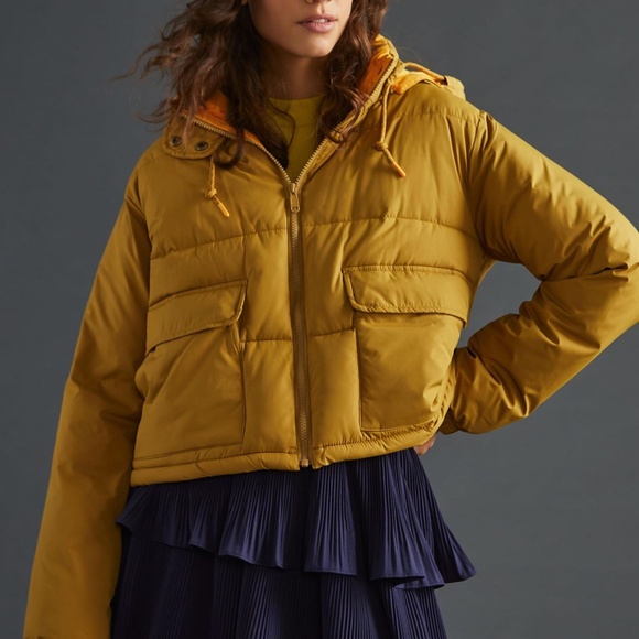 Anthropologie Pilcro Utility Puffer Jacket M Mustard Yellow Hooded Crop - Picture 1 of 6